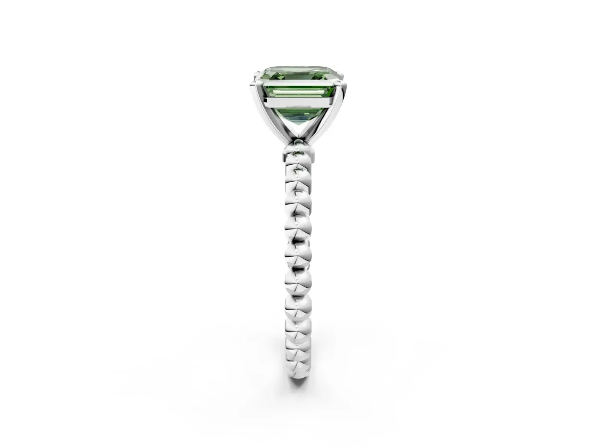 Fancy Green Asscher Cut Diamond Solitaire Ring with Beaded Band and Prong Setting Platinum