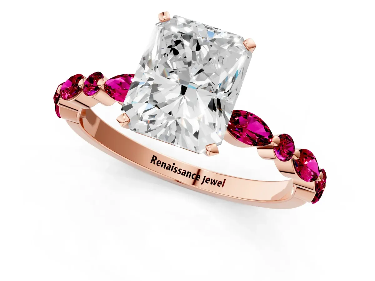 Radiant Cut Diamond Ring with Marquise and Round Garnet Side Stones and Four-Prong Setting Rose gold