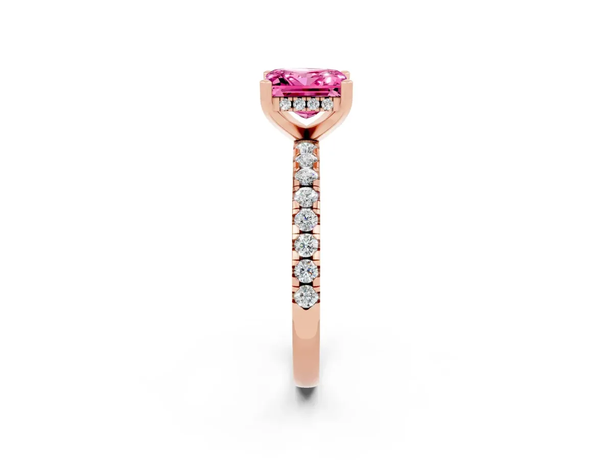 Princess Cut Pink Sapphire Solitaire Ring with Round Pavé Band and Four-Prong Setting Rose gold