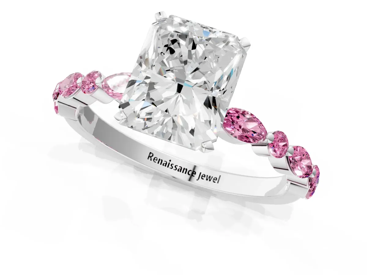 Radiant Cut Diamond Ring with Marquise and Round Pink Sapphire Side Stones and Four-Prong Setting Platinum