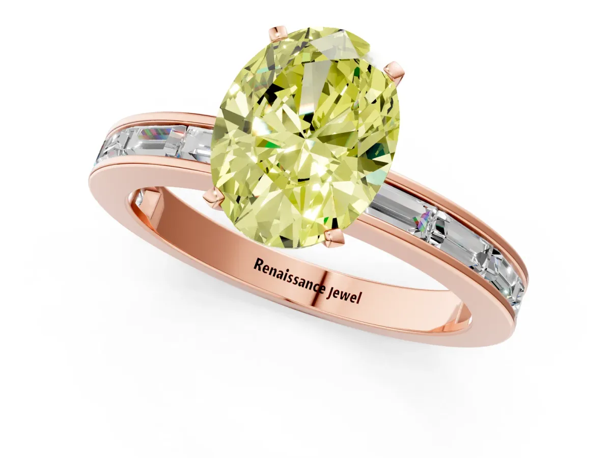 Fancy Yellow Oval Cut Solitaire Diamond Ring with Channel-Set Baguette Band and Four-Prong Setting Rose gold