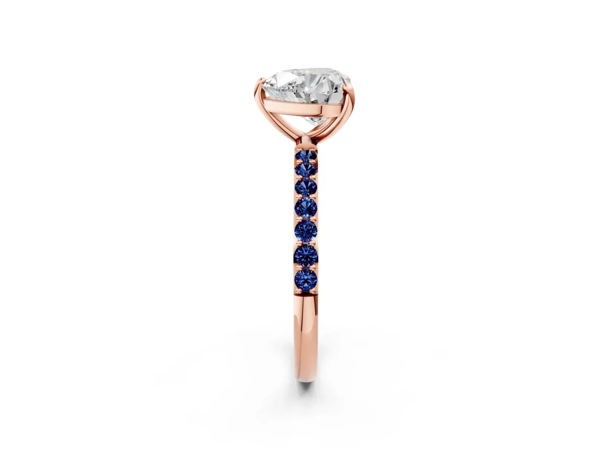 Heart Cut Diamond Solitaire Ring with Round Blue Sapphire Pavé Band and Prong Setting Rose gold