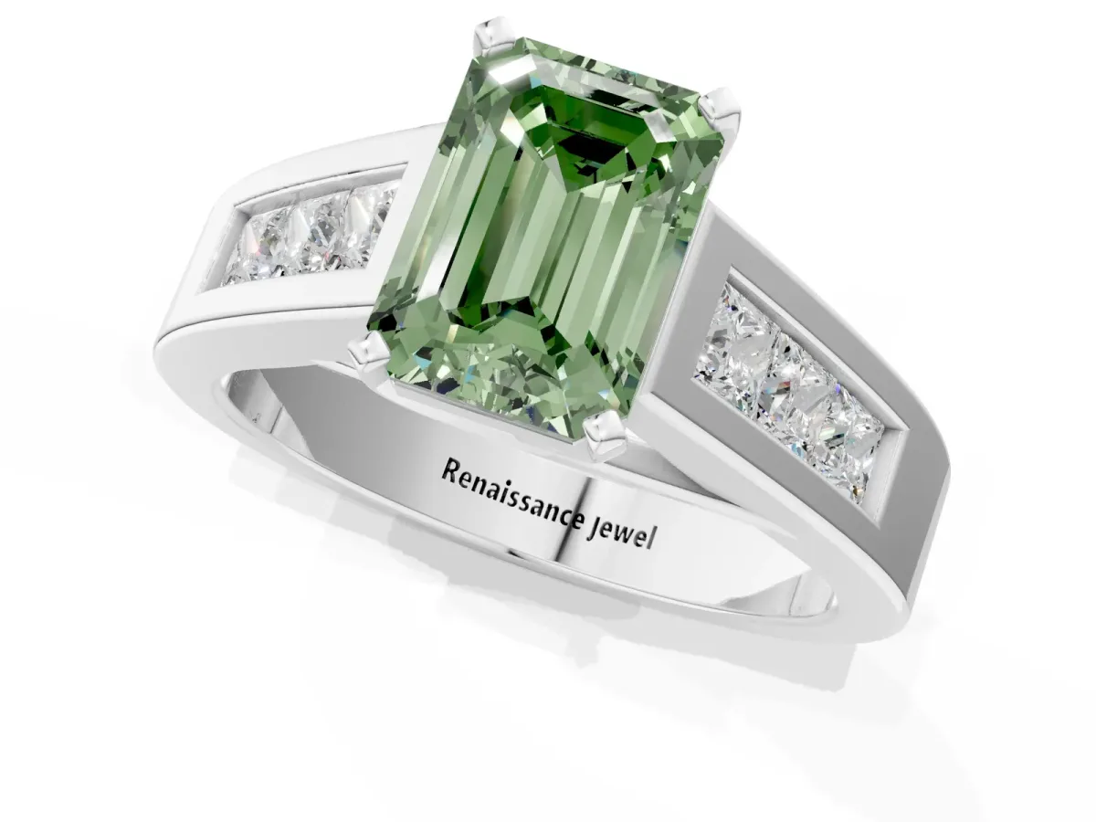 Fancy Green Emerald Cut Cut Channel Set Solitaire Ring with Four-Prong Setting Platinum