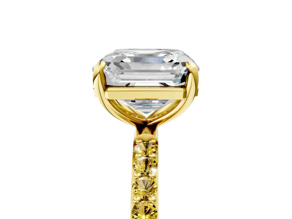 Asscher Cut Diamond Solitaire Ring with Round Yellow Sapphire Pavé Band and Prong Setting Yellow gold