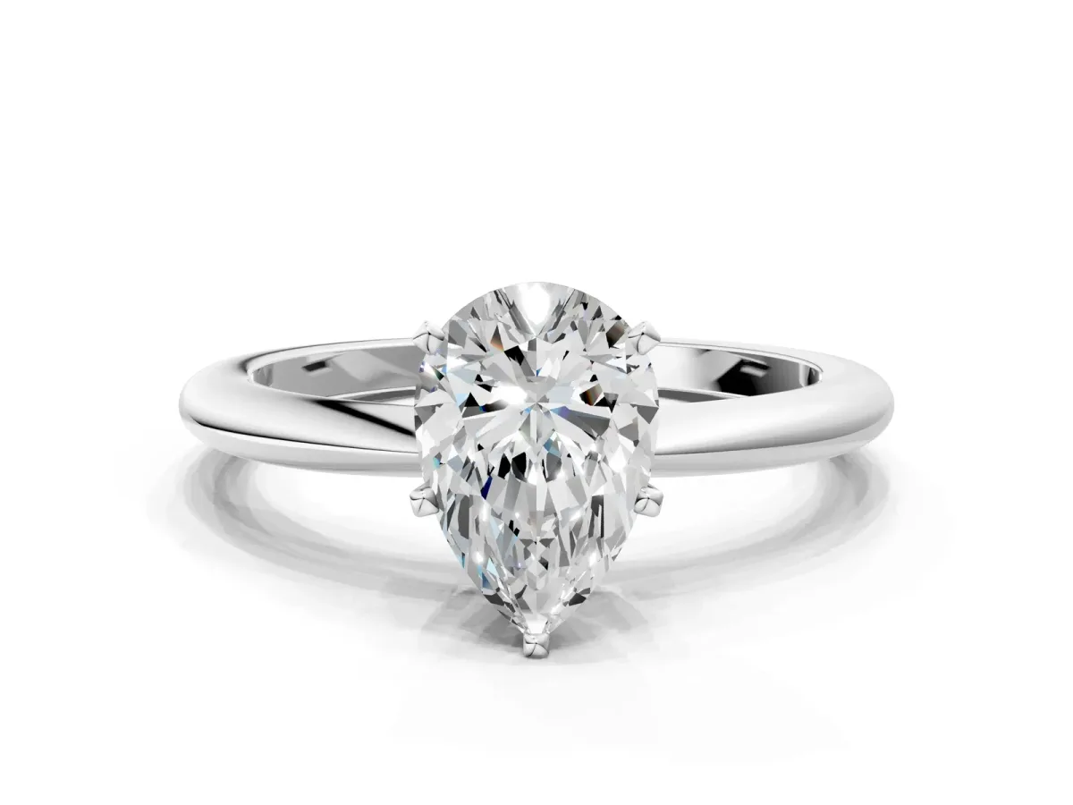 Pear Cut Diamond Solitaire Ring with Six-Prong Setting and Classic Band Platinum