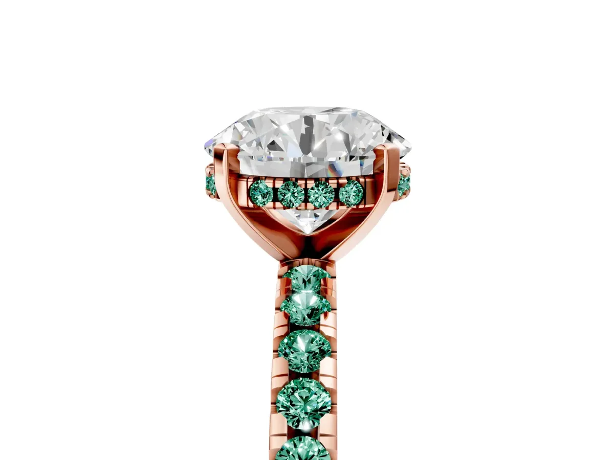 Round Cut Diamond Solitaire Ring with Round Green Sapphire Pavé Band and Four-Prong Setting Rose gold