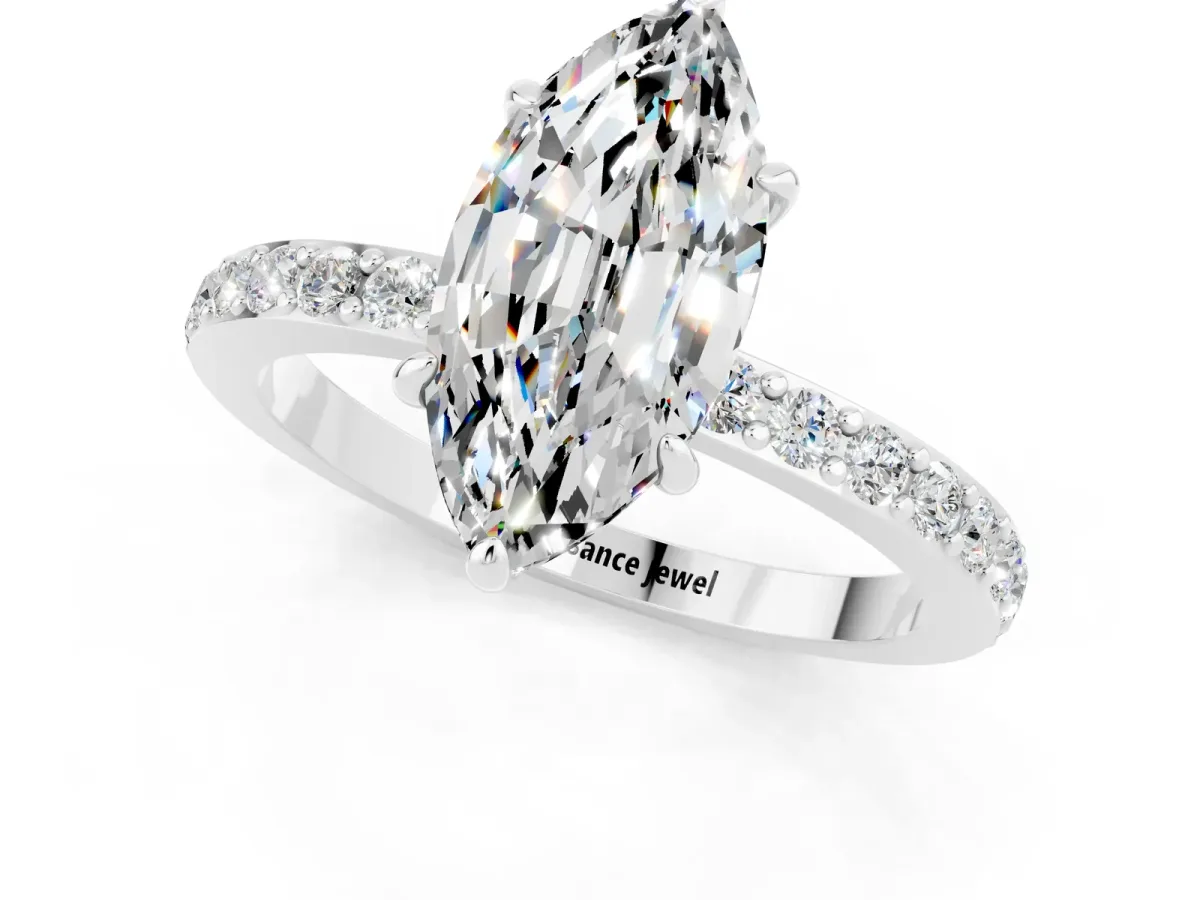 Marquise Cut Moissanite Solitaire Engagement Ring with Pavé Band and Four-Prong Setting White gold
