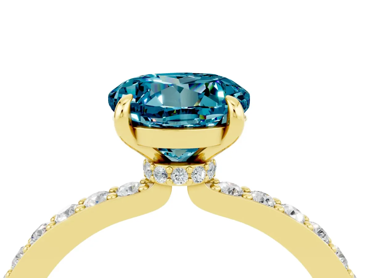 Round Cut Blue Topaz Solitaire Engagement Ring with Pavé Band and Four-Prong Setting Yellow gold