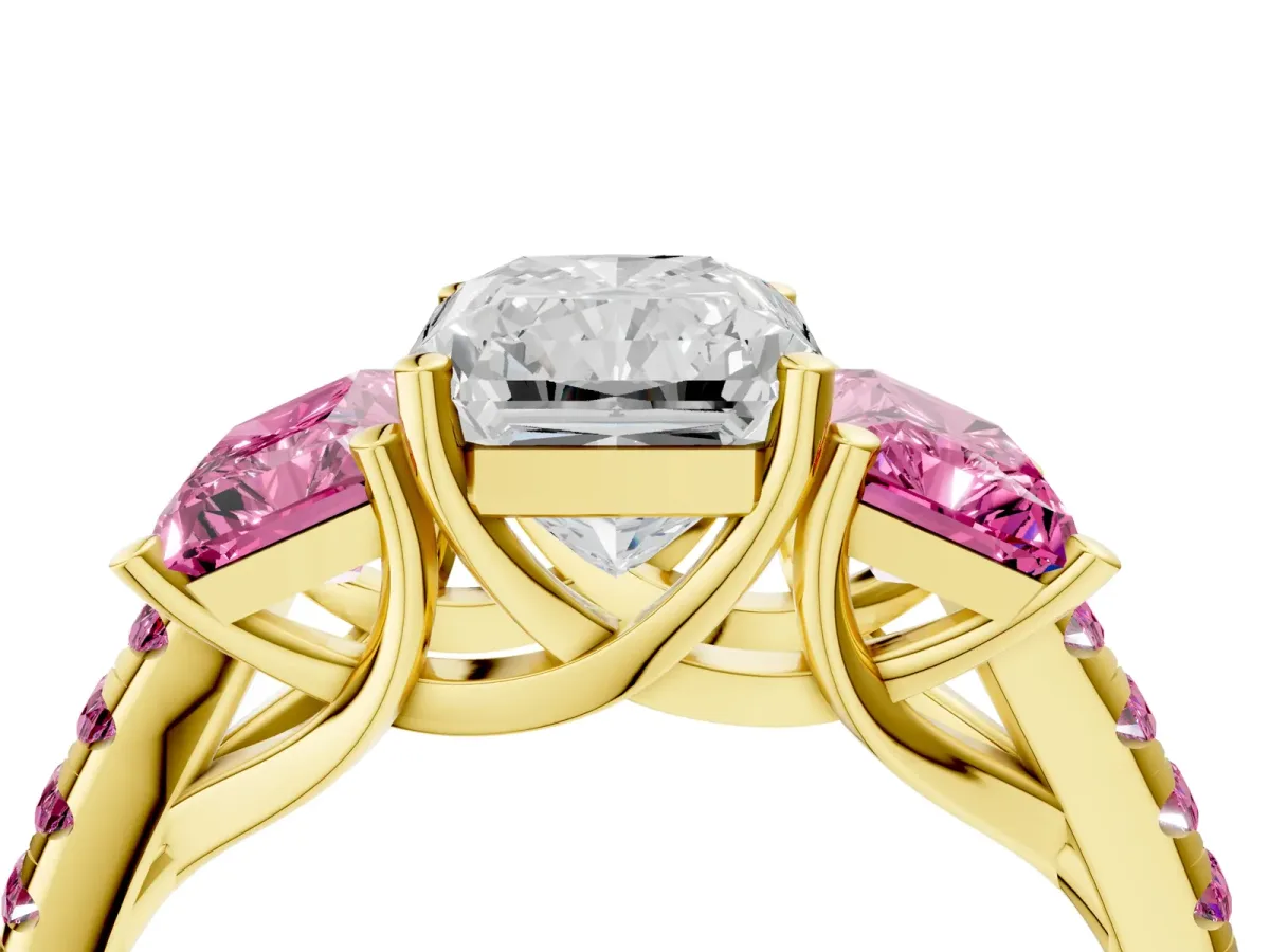 Three-Stone Radiant Cut Diamond Ring with Round Pink Sapphire Pavé Band and Prong Setting Yellow gold