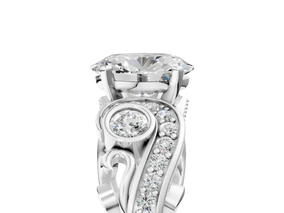 Oval Cut Diamond Solitaire Ring with Milgrain Pavé Band and Four-Prong Setting Platinum