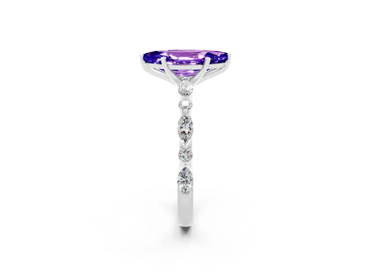 Marquise Cut Tanzanite Ring with Marquise and Round Side Stones and Four-Prong Setting White gold