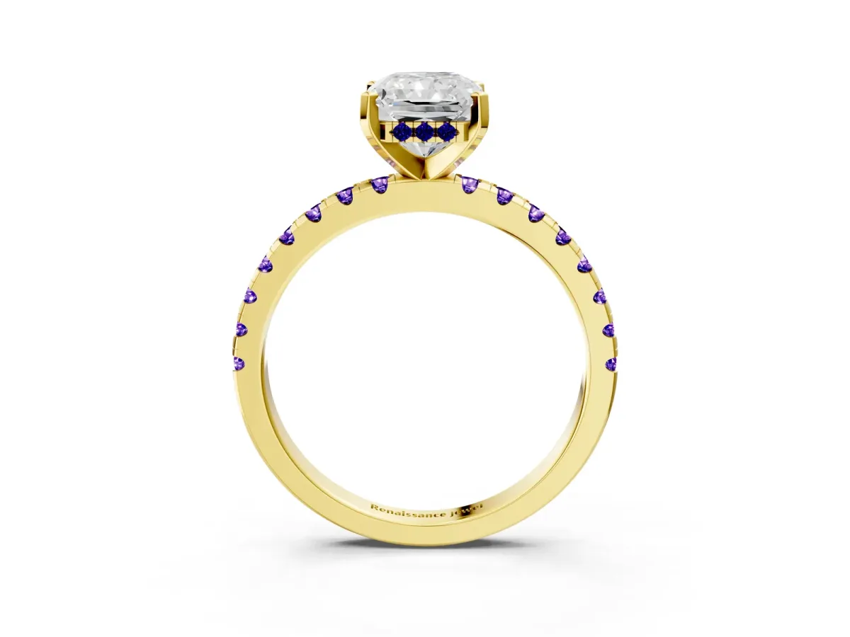 Radiant Cut Diamond Solitaire Ring with Round Tanzanite Pavé Band and Four-Prong Setting Yellow gold