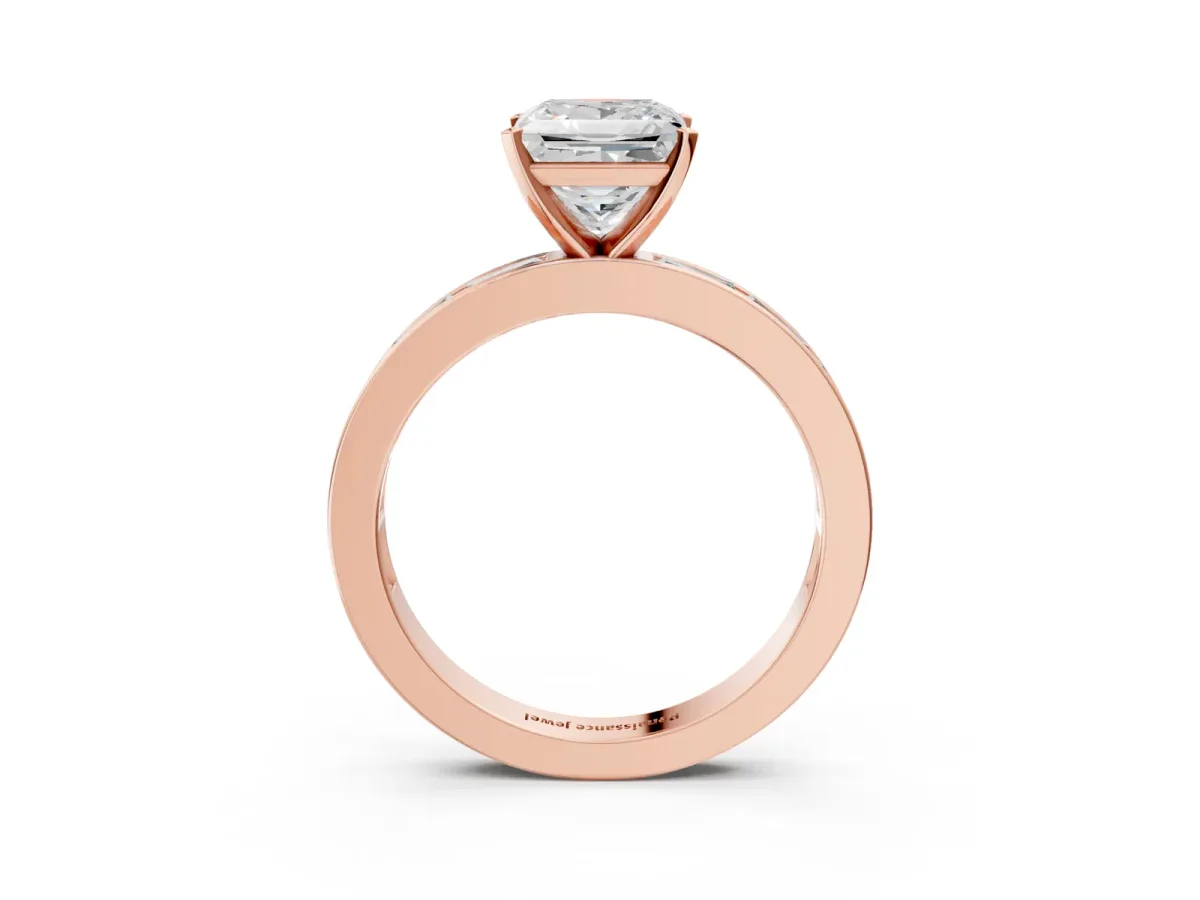Princess Cut Solitaire Diamond Ring with Channel-Set Baguette Band and Four-Prong Setting Rose gold