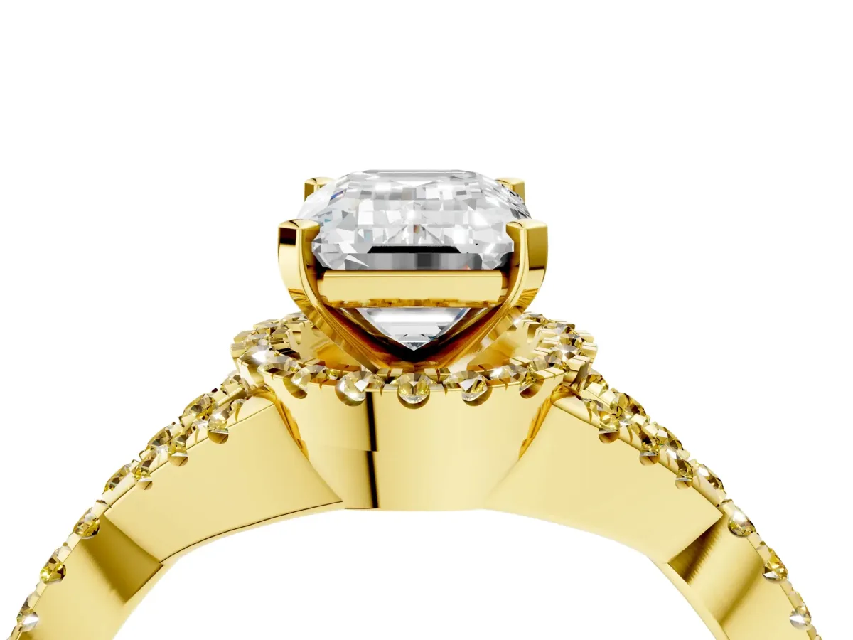 Emerald Cut Diamond Yellow Sapphire Halo Twist Band Solitaire Prong Setting Ring Yellow gold
