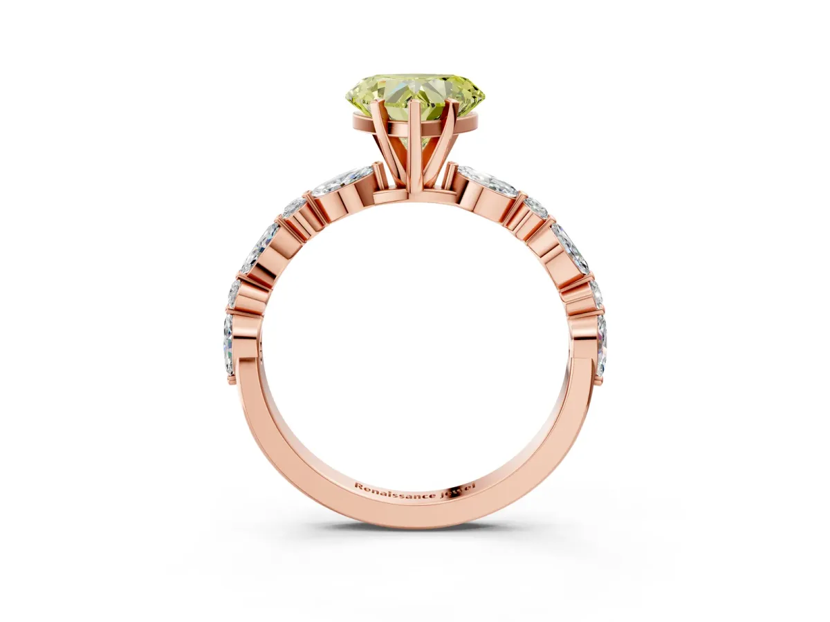 Fancy Yellow Heart Cut Diamond Ring with Marquise and Round Side Stones and Four-Prong Setting Rose gold