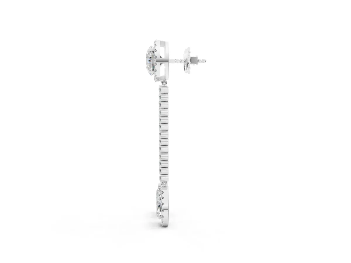 Round and Pear Diamond Halo Drop Earrings White gold