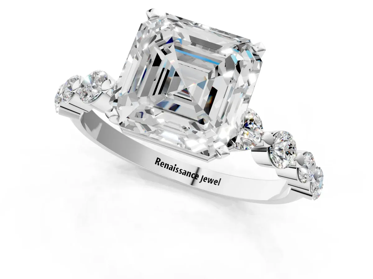 Asscher Cut Solitaire Diamond Ring with Pave Band and Four-Prong Setting Silver