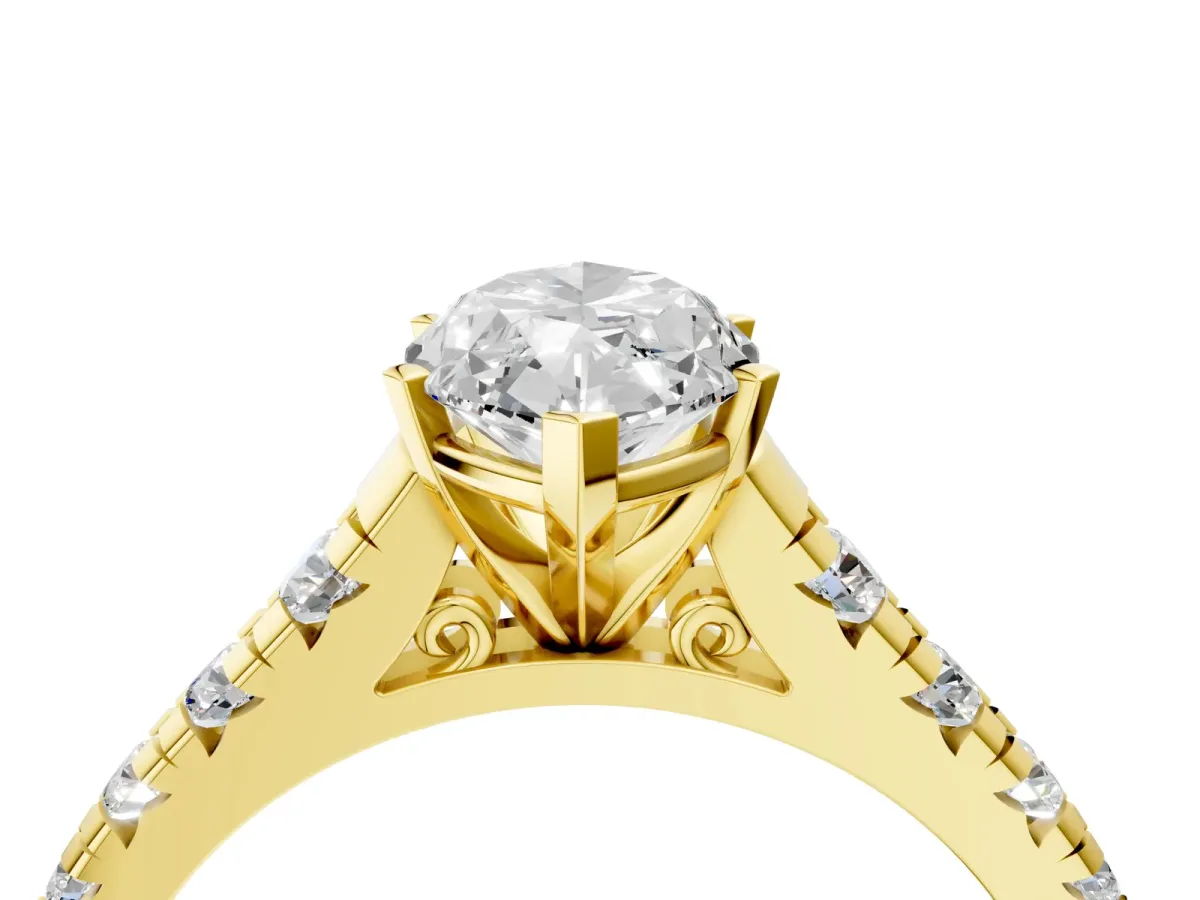 Marquise Cut Diamond Cathedral Solitaire Ring with Round Moissanite Pavé Band Yellow gold