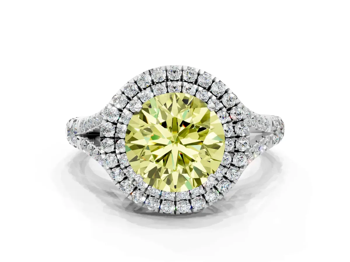 Fancy Yellow Double Halo Round Cut Diamond Split Shank Engagement Ring with Four-Prong Setting White gold