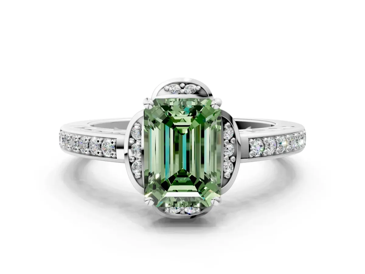 Fancy Green Emerald Cut Cut Halo Diamond Ring with Channel Set Band and Four-Prong Setting White gold