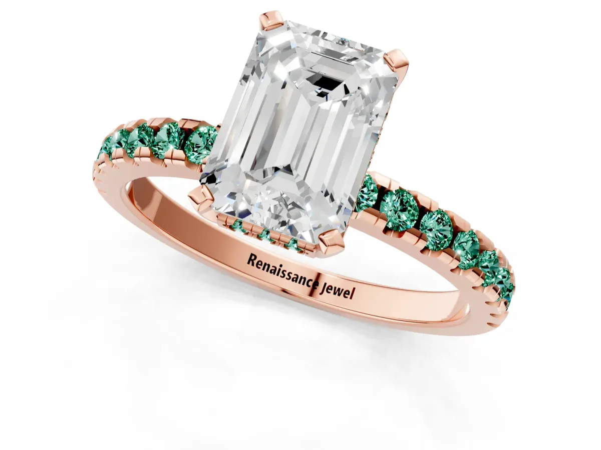 Emerald Cut Diamond Solitaire Ring with Round Green Sapphire Pavé Band and Four-Prong Setting Rose gold