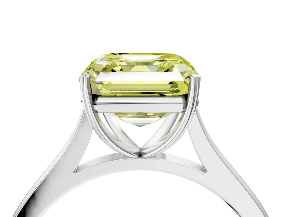 Fancy Yellow Asscher Cut Solitaire Heart Prong Engagement Ring with Tapered Band Platinum