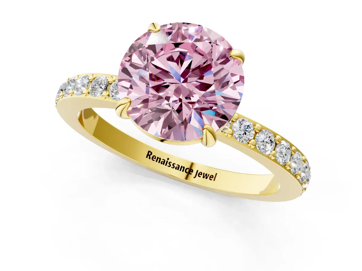 Fancy Pink Round Cut Diamond Solitaire Engagement Ring with Pavé Band and Four-Prong Setting Yellow gold