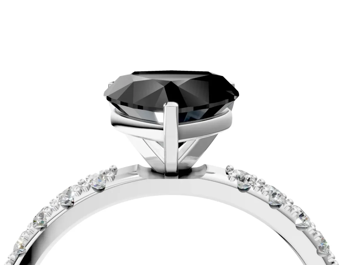 Fancy Black Heart Cut Diamond Solitaire Pavé Band with Four-Prong Setting Silver