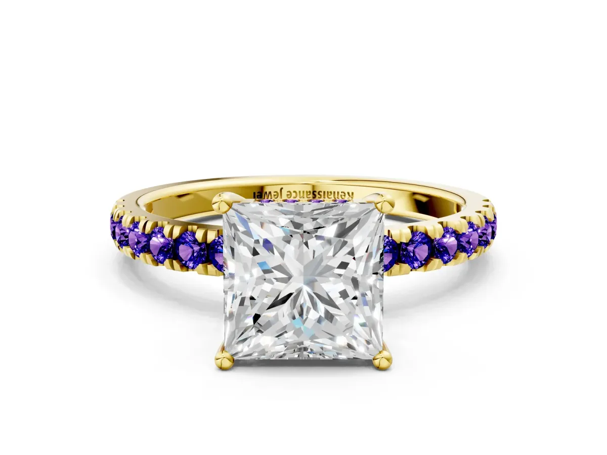 Princess Cut Diamond Pave Band Solitaire Ring with Round Tanzanite and Prong Setting Yellow gold