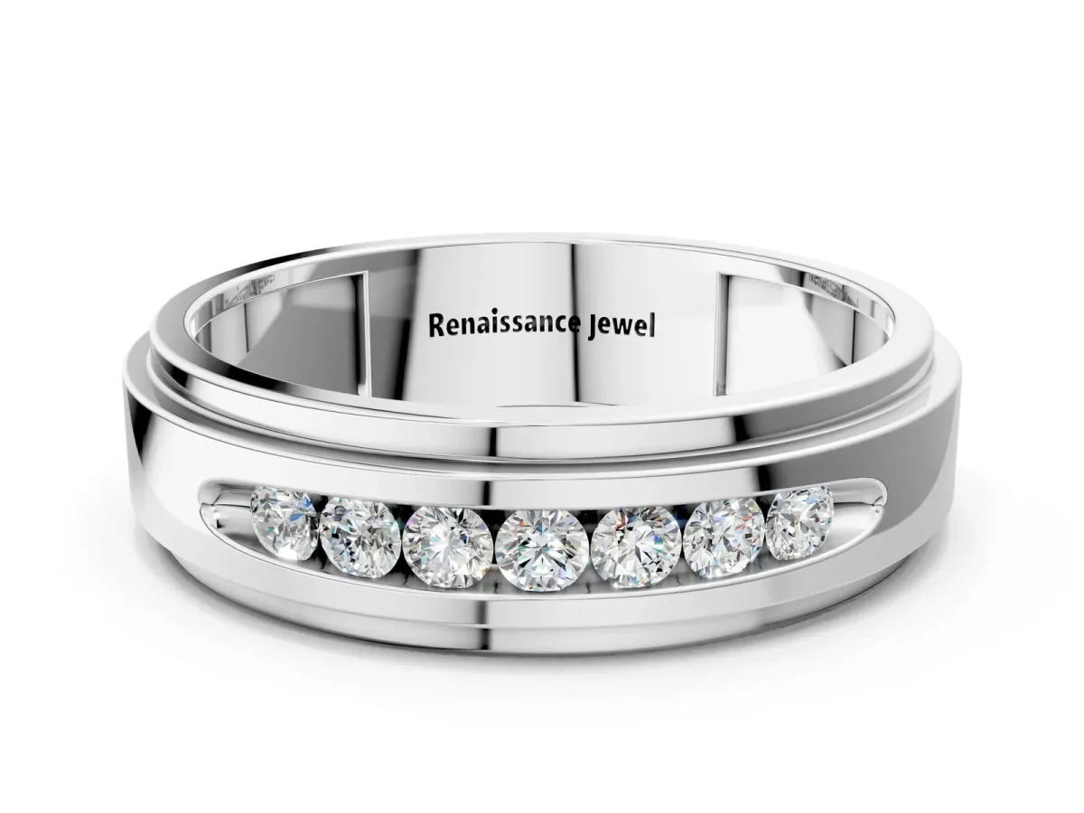 Round Diamond Seven-Stone Channel Set Mens Band White gold