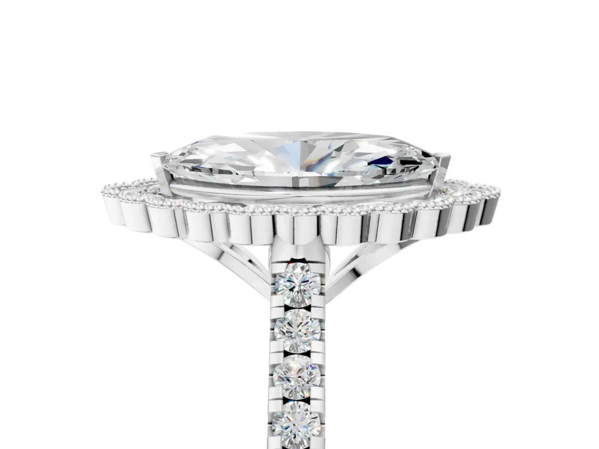 Marquise Cut Cut Diamond Milgrain Floral Halo Engagement Ring with Pavé Band Silver