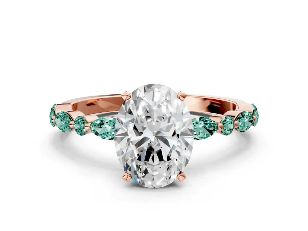 Oval Cut Diamond Ring with Marquise and Round Green Sapphire Side Stones and Four-Prong Setting Rose gold