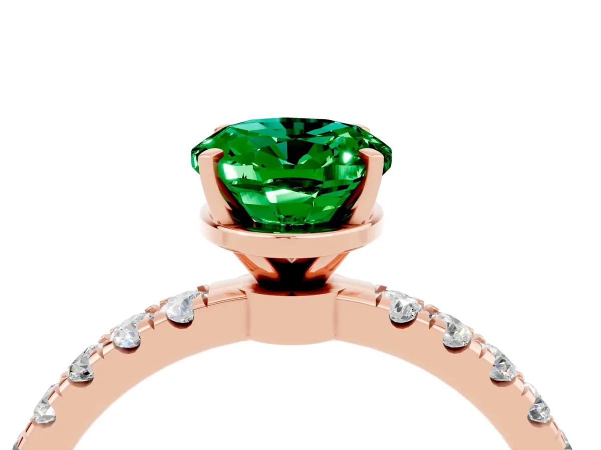 Oval Cut Emerald Solitaire Ring with Pavé Accents and Four-Prong Setting Rose gold