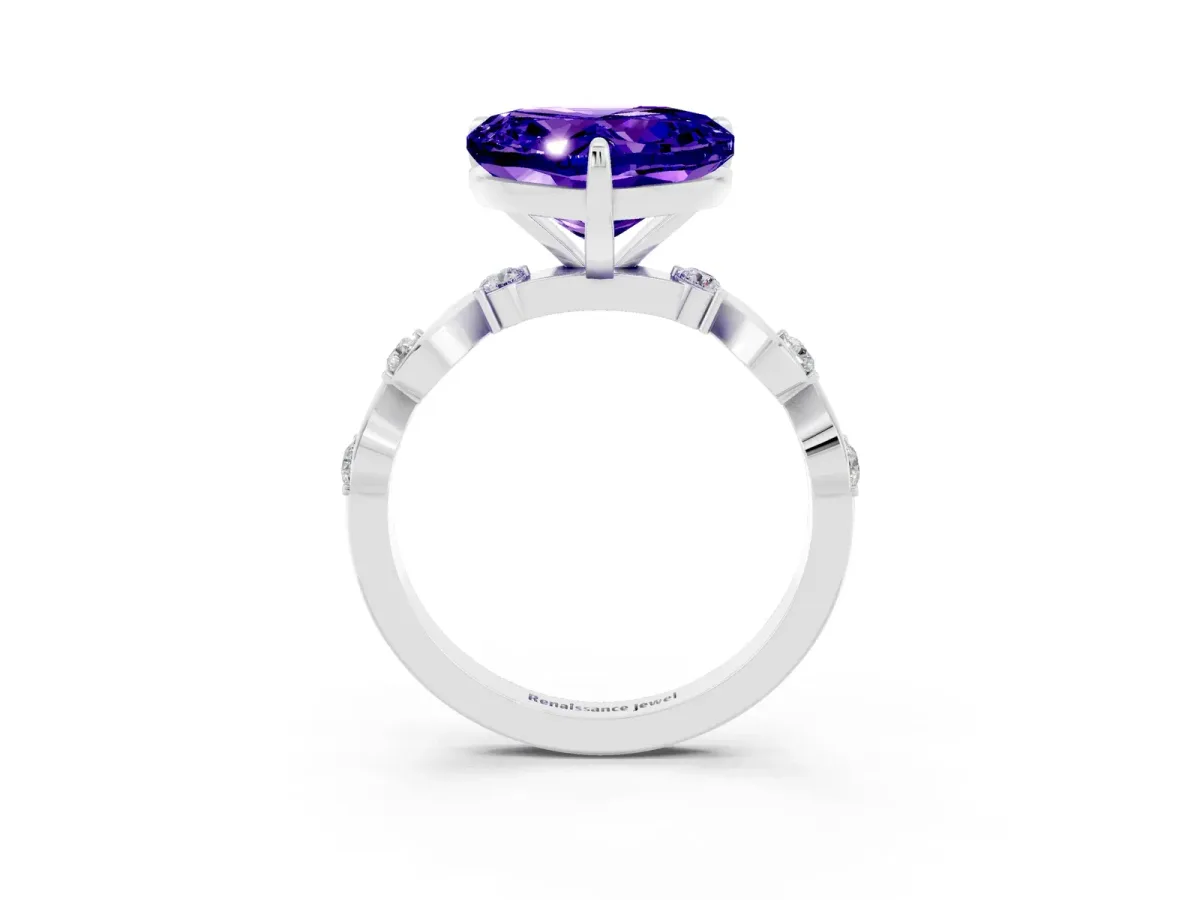 Heart Cut Tanzanite Solitaire Twisted Band with Round Accents and Prong Setting White gold