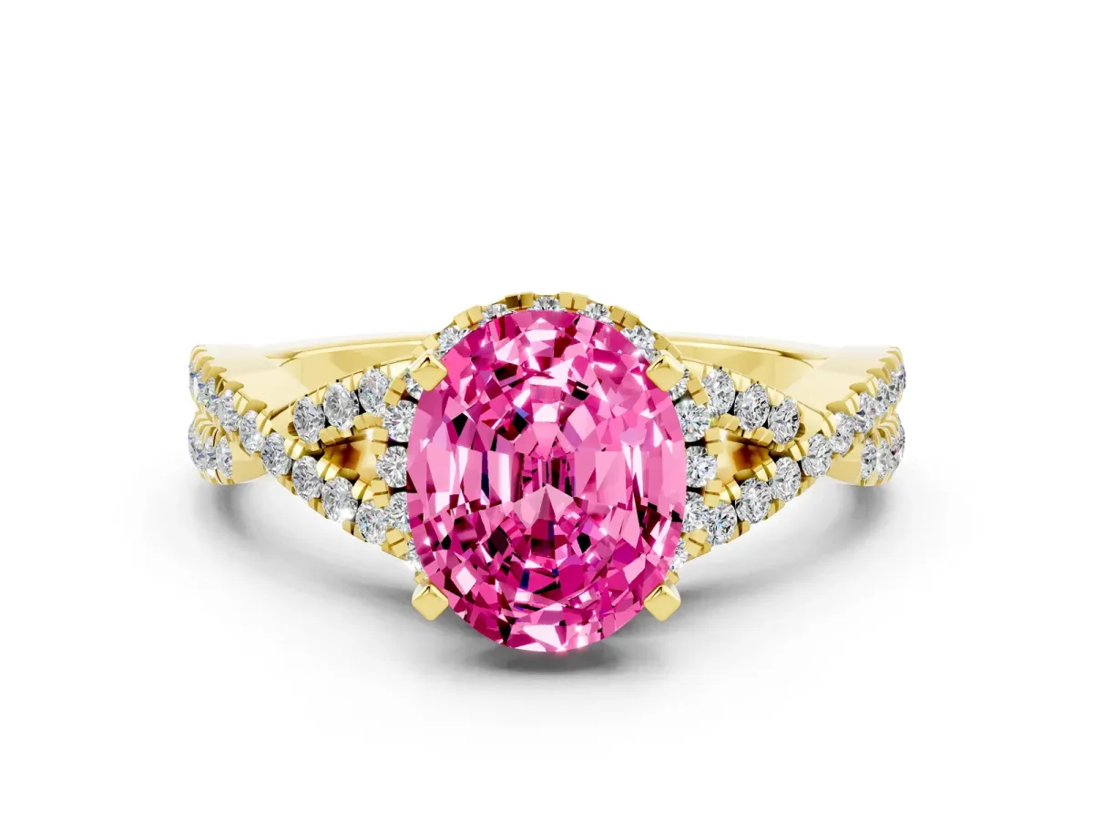 Oval Cut Pink Sapphire Halo Twist Band Solitaire Prong Setting Ring Yellow gold