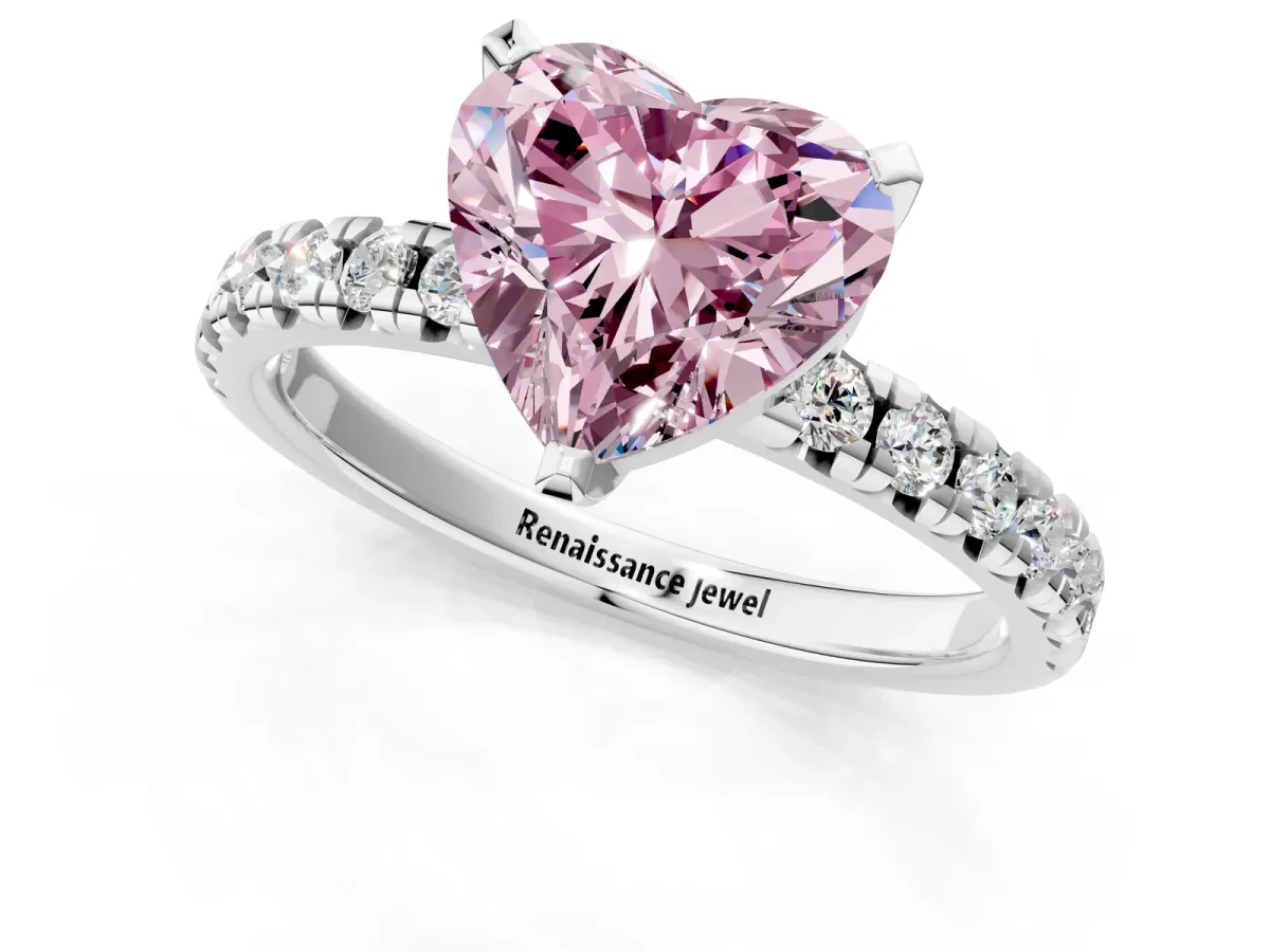 Fancy Pink Heart Cut Diamond Solitaire Pavé Engagement Ring with Round Band and Prong Setting White gold