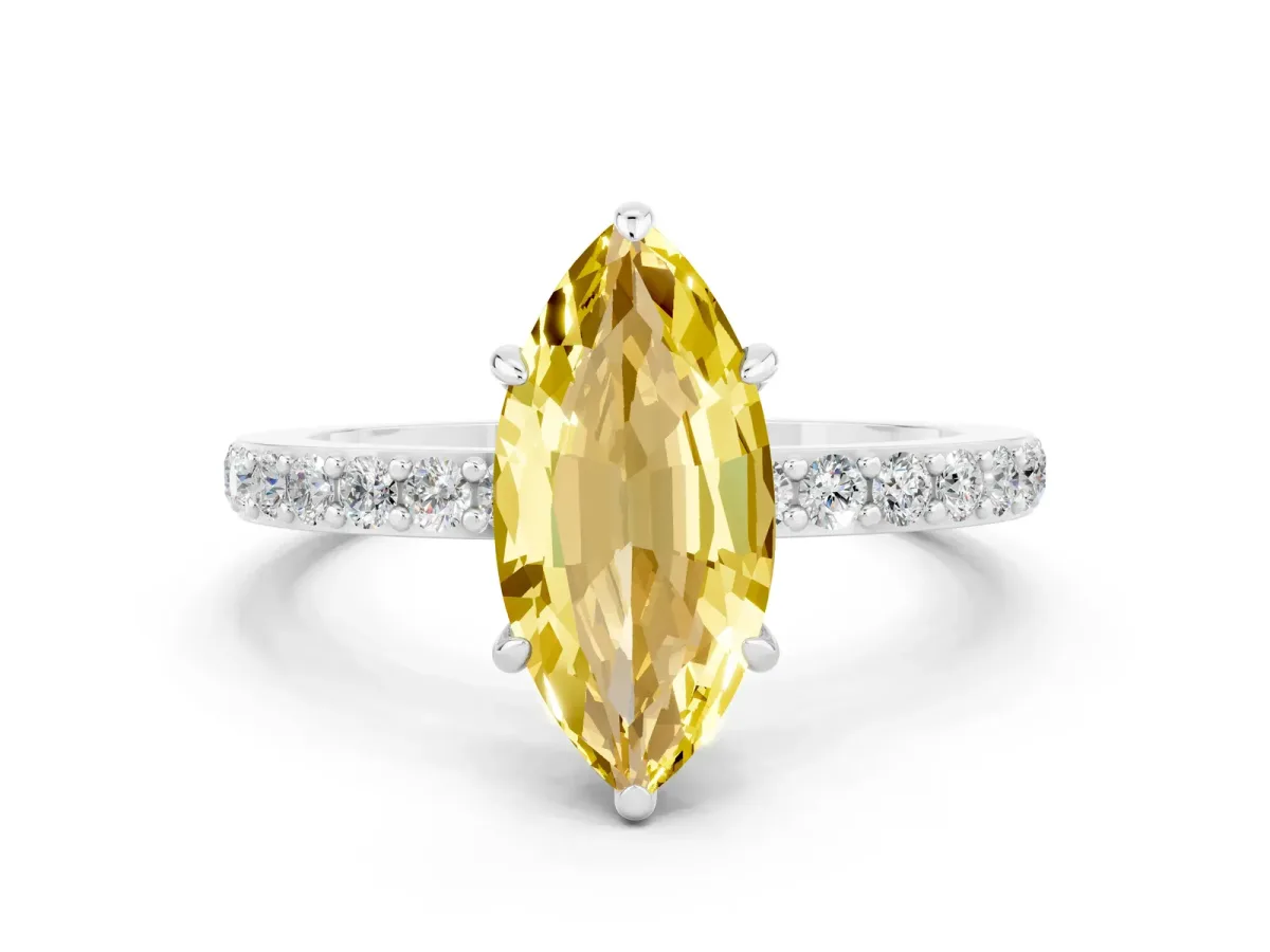Marquise Cut Yellow Sapphire Solitaire Engagement Ring with Pavé Band and Four-Prong Setting White gold
