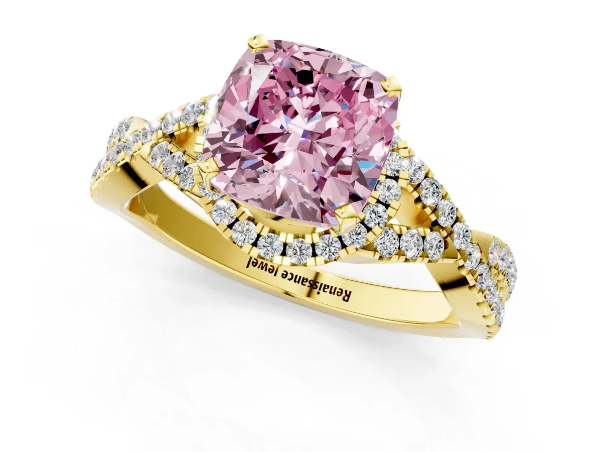 Fancy Pink Cushion Cut Diamond Halo Twist Band Solitaire Prong Setting Ring Yellow gold
