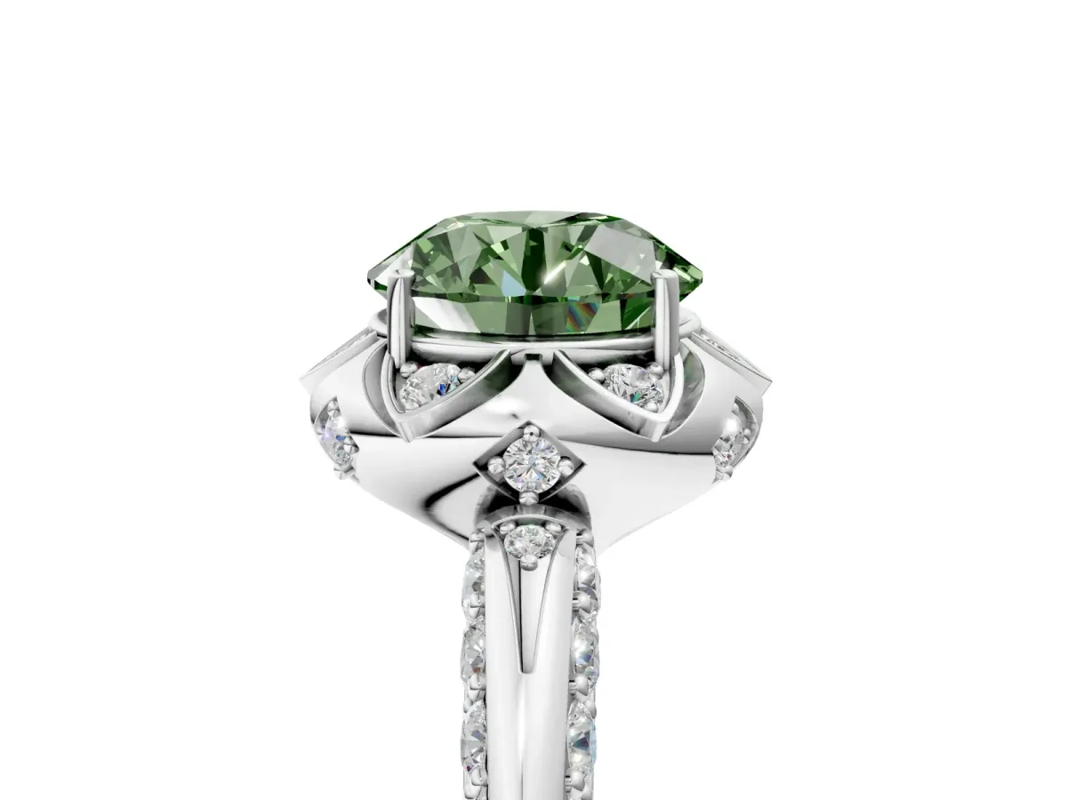 Fancy Green Round Cut Halo Split Shank Pave Diamond Ring with Petal Prong Setting Platinum
