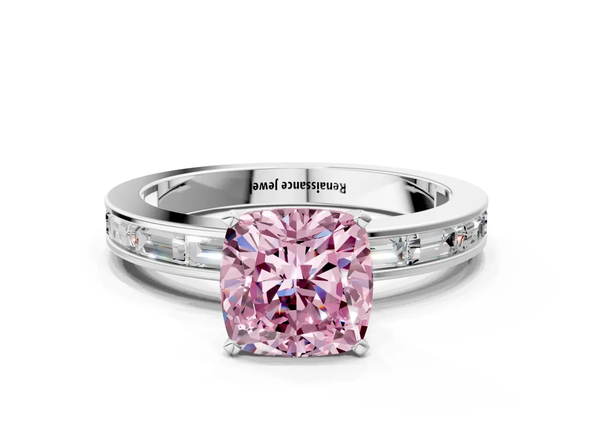 Fancy Pink Cushion Cut Solitaire Diamond Ring with Channel-Set Baguette Band and Four-Prong Setting White gold