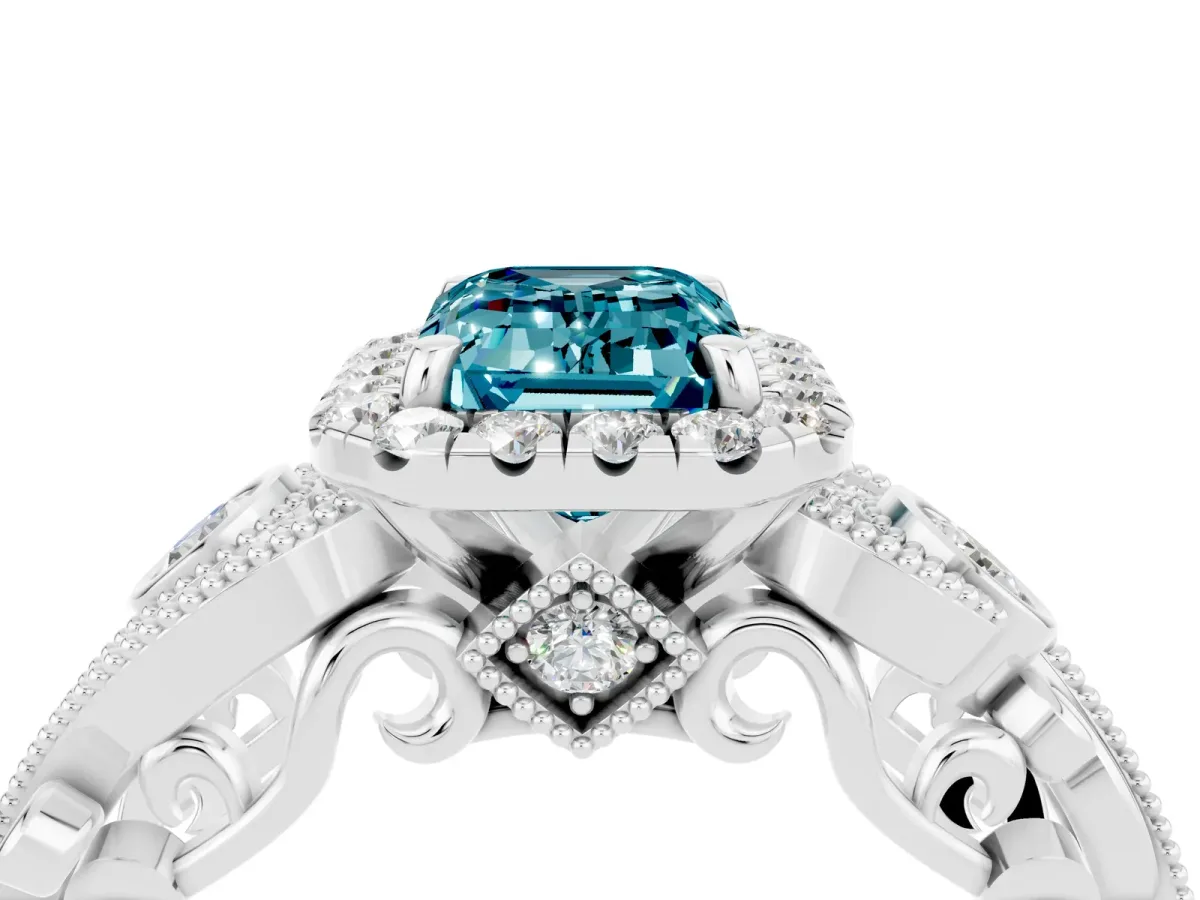 Emerald Cut Blue Topaz Halo Ring with Milgrain Pavé Band and Four-Prong Setting White gold