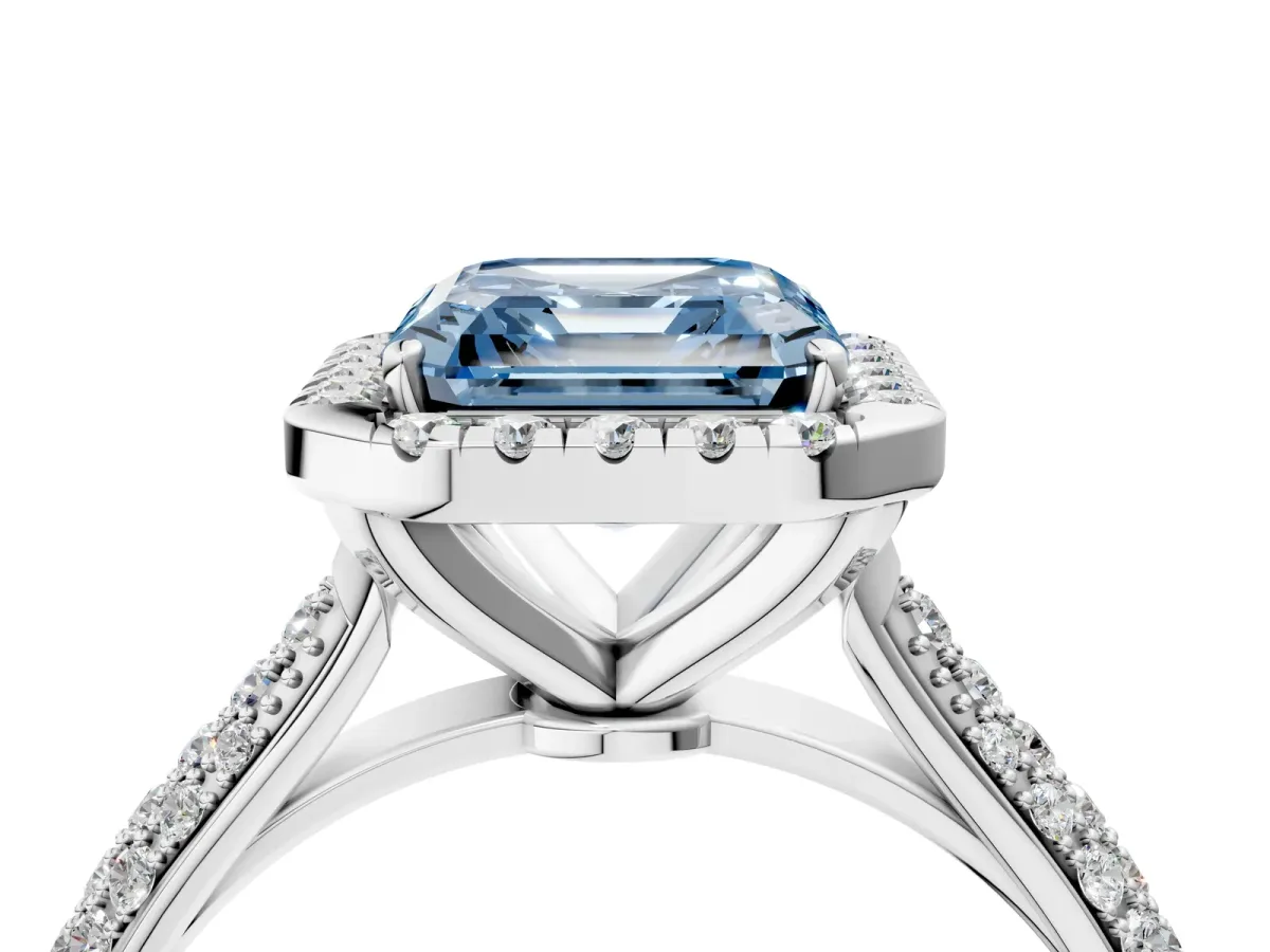 Fancy Blue Asscher Cut Halo Diamond Ring with Pavé Band Platinum