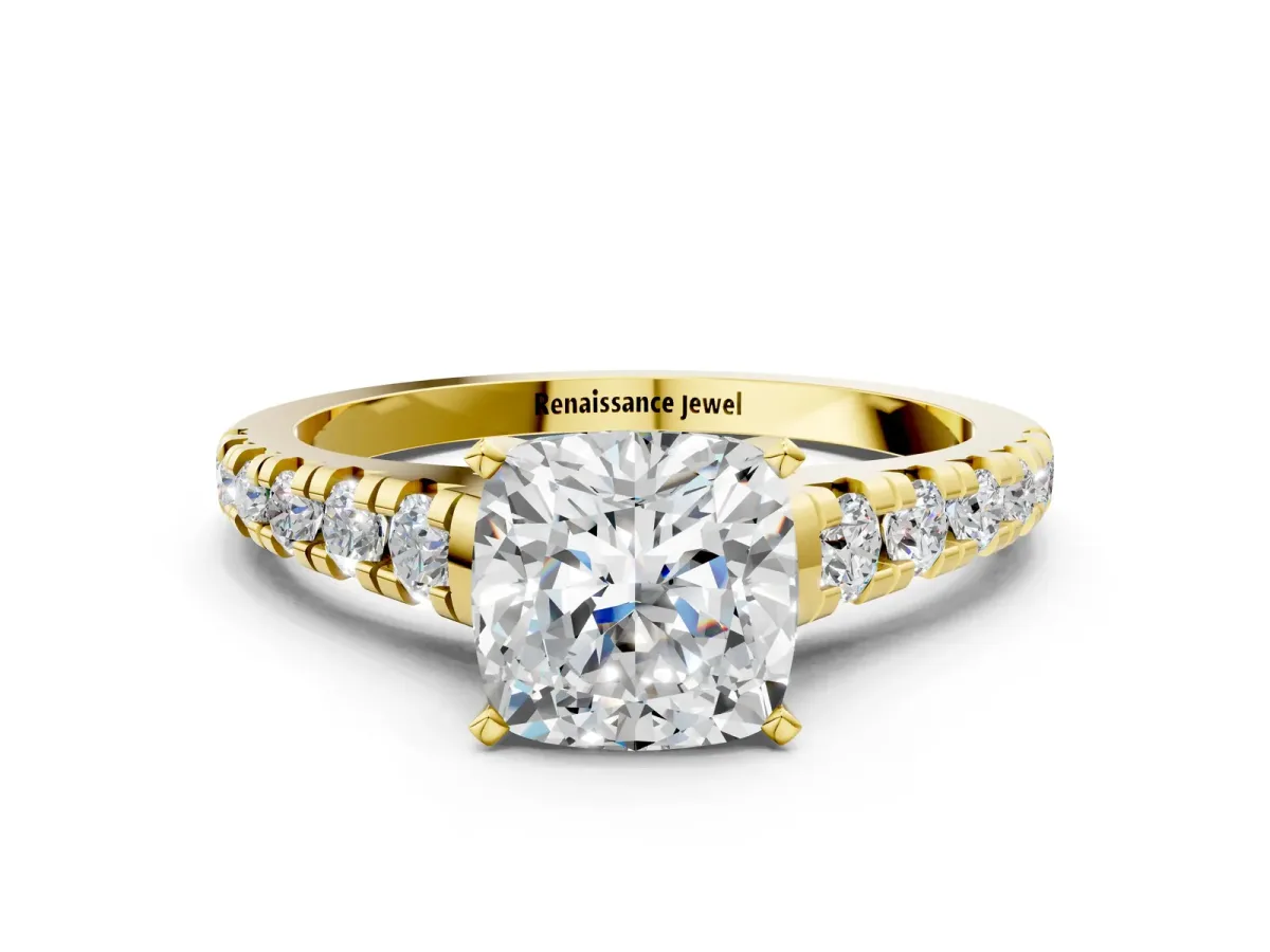 Cushion Cut Diamond Cathedral Solitaire Ring with Round Moissanite Pavé Band Yellow gold