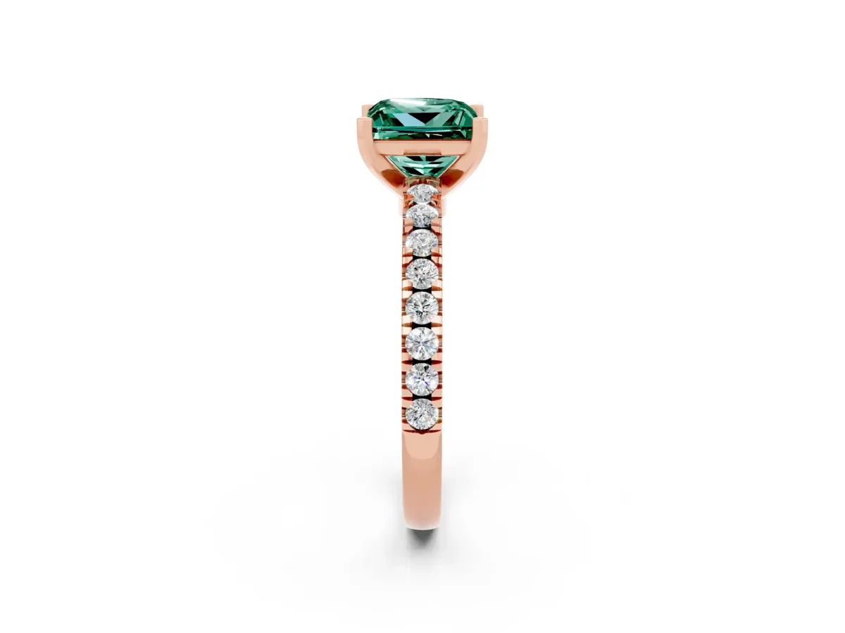 Princess Cut Solitaire Green Sapphire with Pavé Band and Four-Prong Setting Rose gold