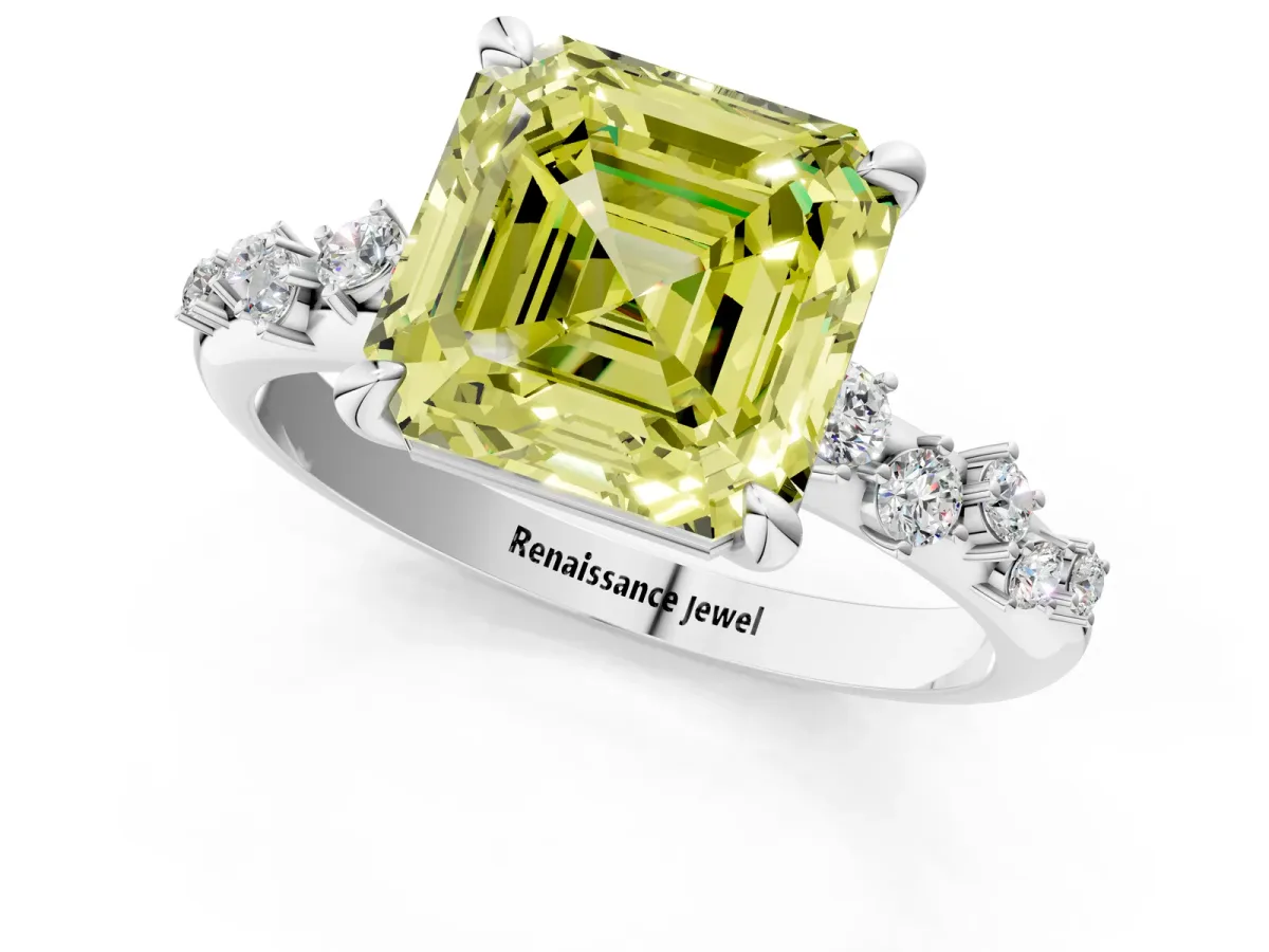 Fancy Yellow Asscher Cut Cut Diamond Vine Band with Four-Prong Setting Platinum