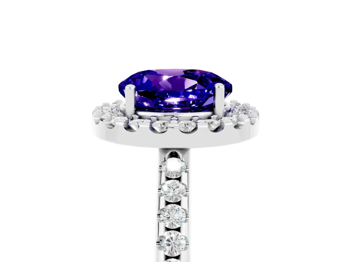 Round Cut Tanzanite Pavé Halo Ring with Four-Prong Setting Platinum