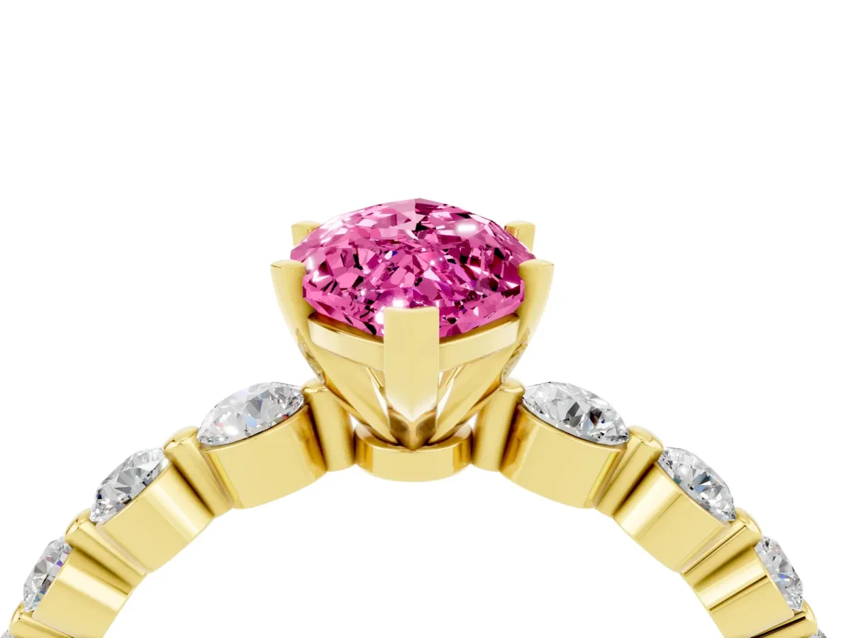 Marquise Cut Solitaire Pink Sapphire Ring with Pave Band and Four-Prong Setting Yellow gold