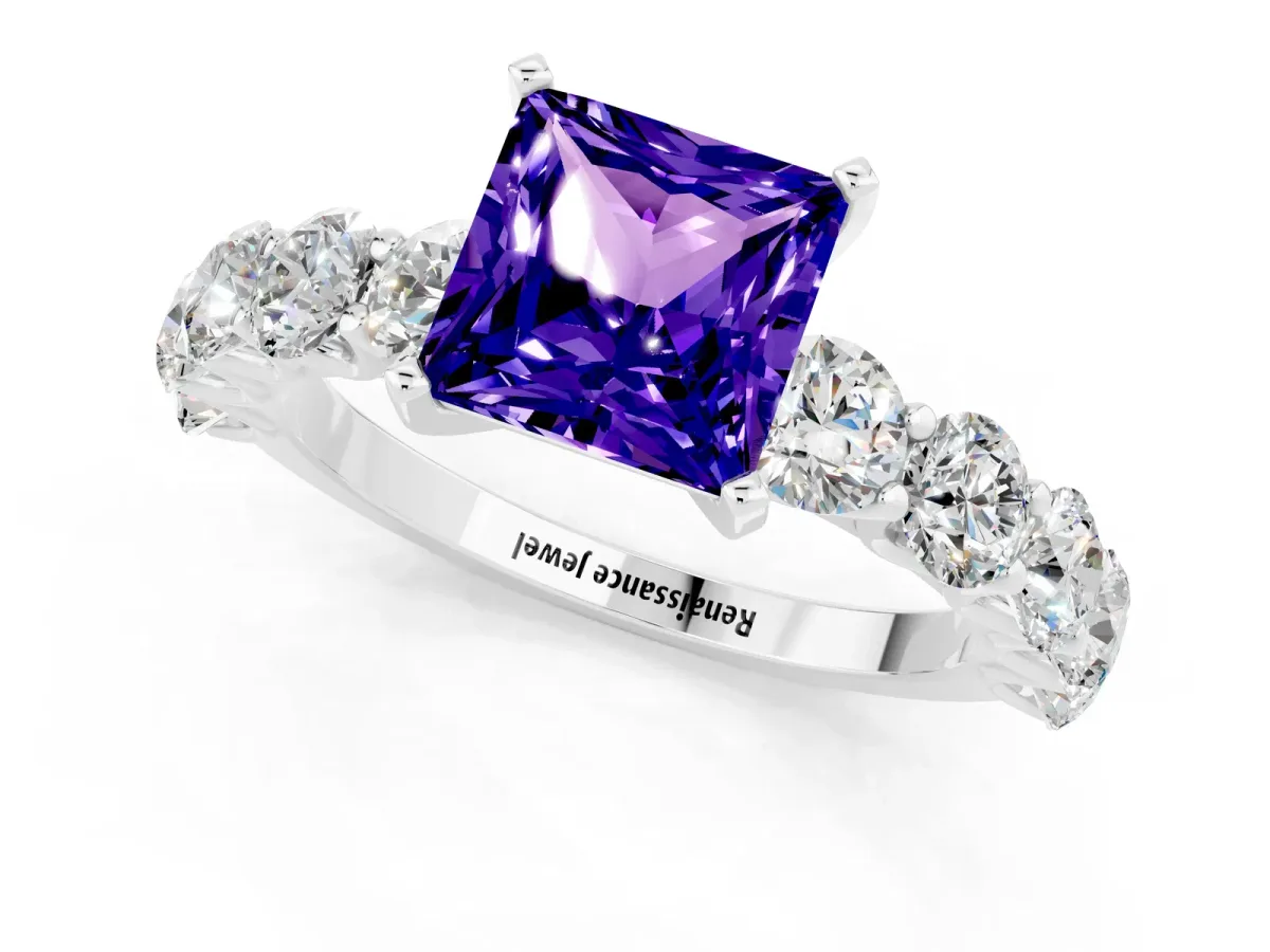 Princess Cut Tanzanite Prong Setting with Side Stones on a Pave Band Silver
