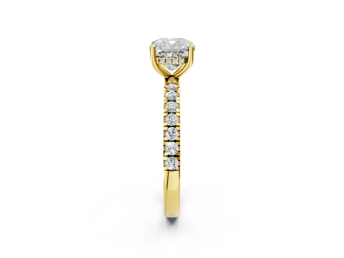 Cushion Cut Diamond Pave Band Solitaire Ring with Round Moissanite and Prong Setting Yellow gold