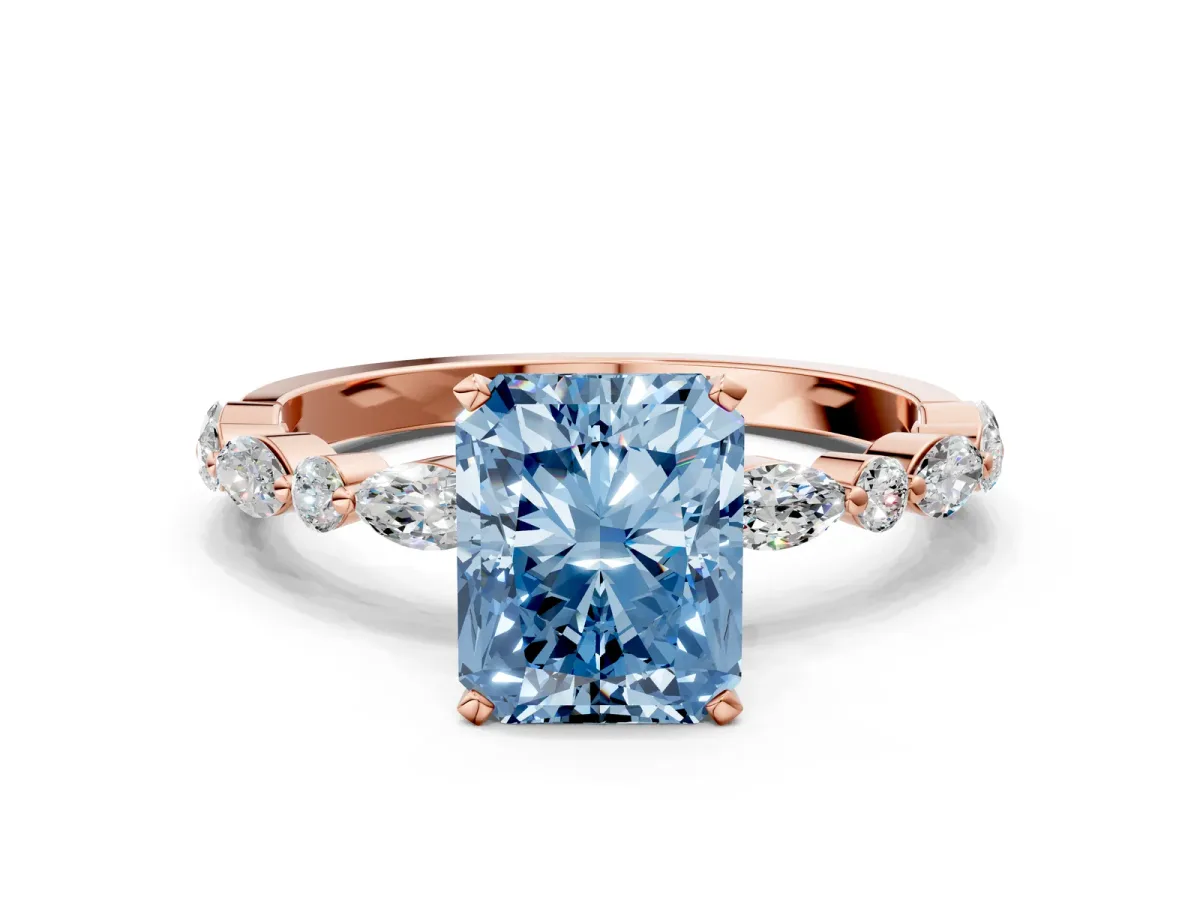 Fancy Blue Radiant Cut Diamond Ring with Marquise and Round Side Stones and Four-Prong Setting Rose gold